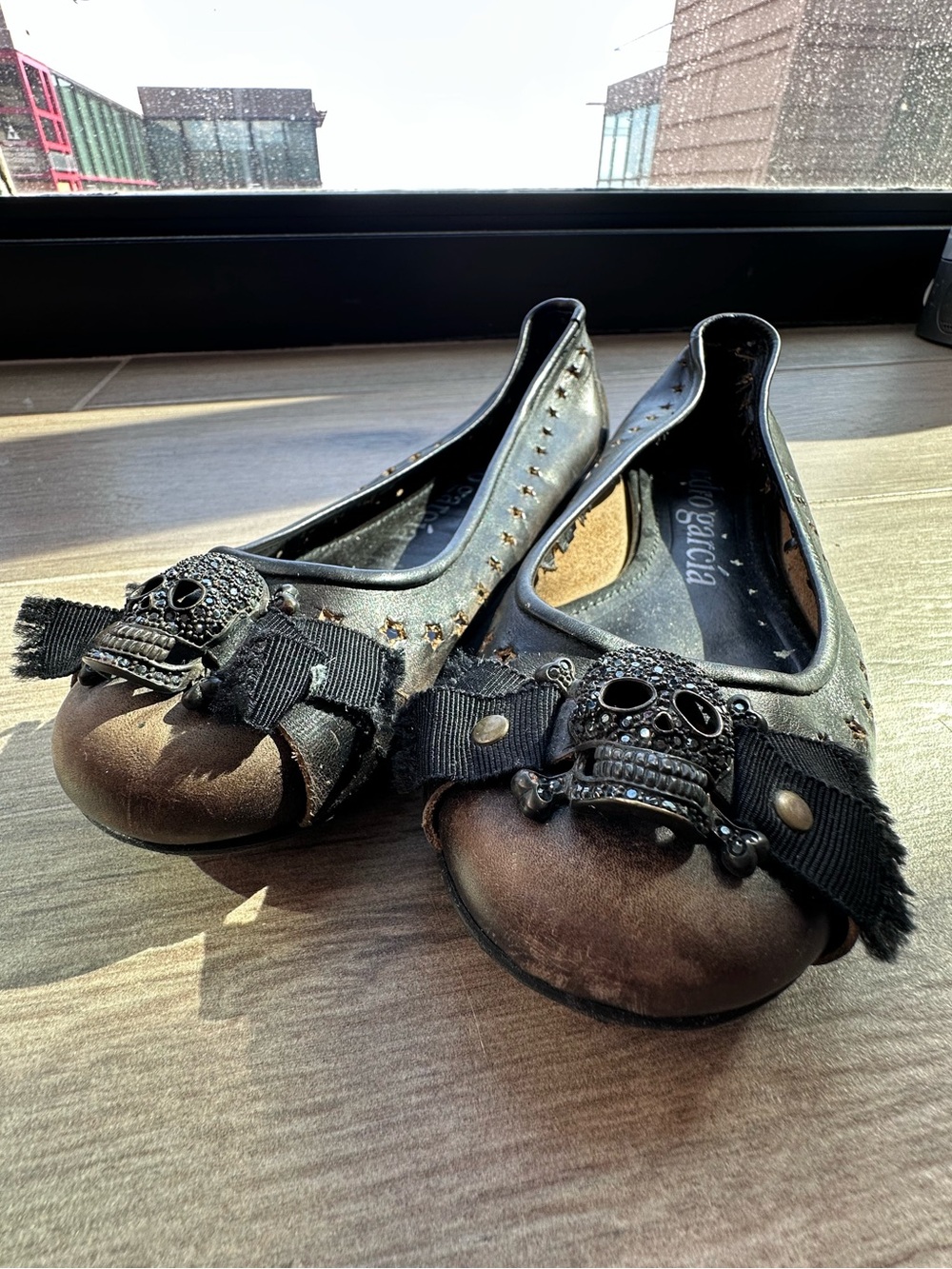 Pedro Garcia Black and Brown Studded Skull-Embellished Ballet Flats